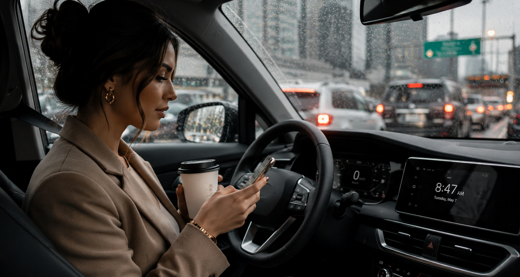 Well-dressed woman waiting in rainy city traffic with coffee, phone and a dashboard clock