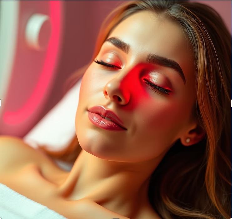 Woman receiving red light facial therapy