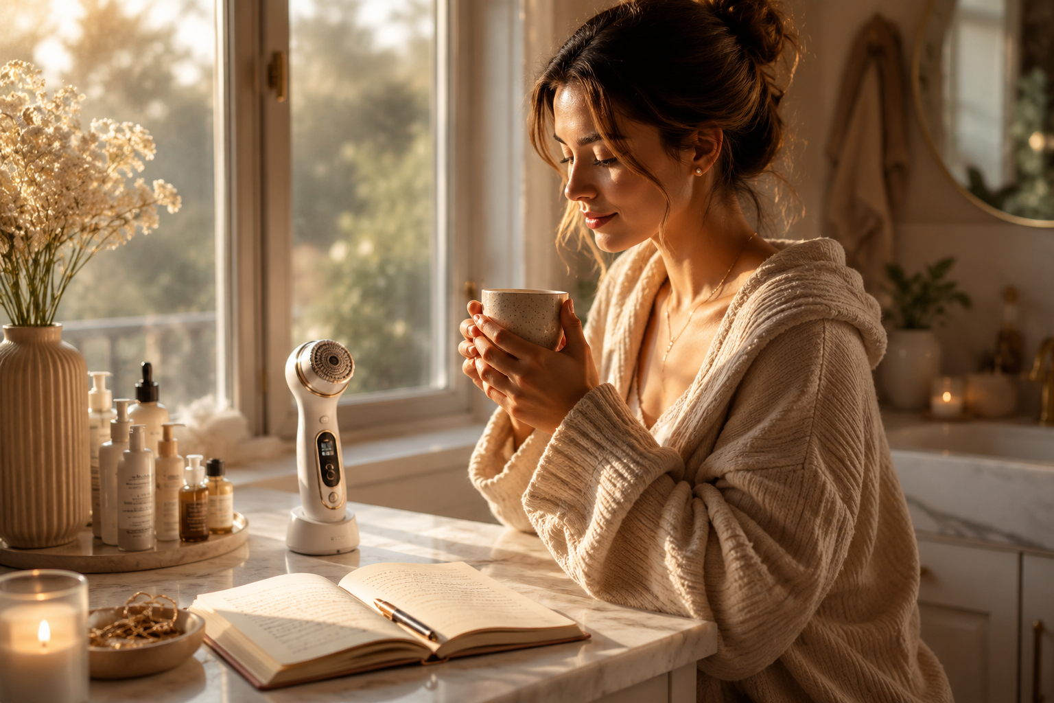 Woman enjoying a peaceful morning beauty ritual with coffee and a journal