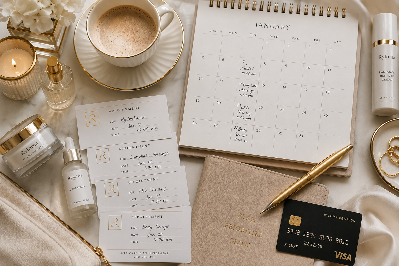 Beauty appointments, calendar, credit card, coffee and Ryloma skincare products arranged on a luxury vanity