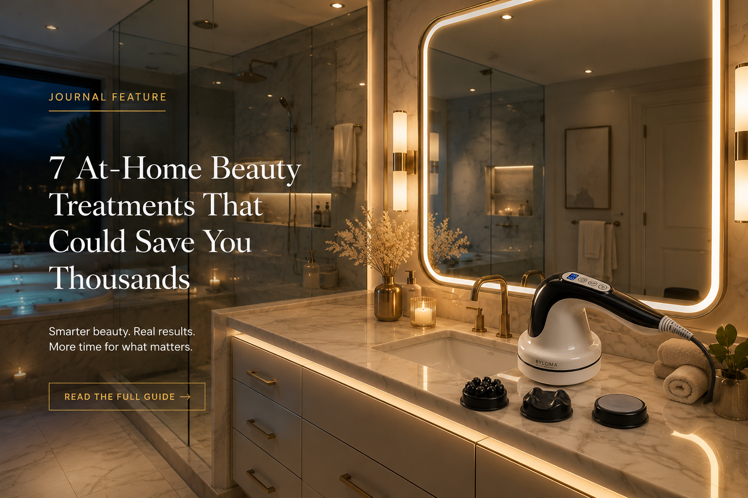 Luxury bathroom vanity featuring an at-home beauty device and the article title 7 At-Home Beauty Treatments That Could Save You Thousands